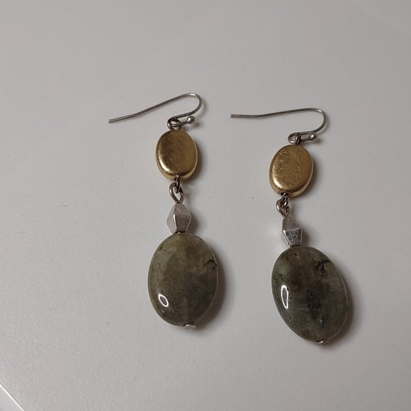 Oval Shaped Stone And Metal Bead Dangle Earrings - Picture 2 of 8